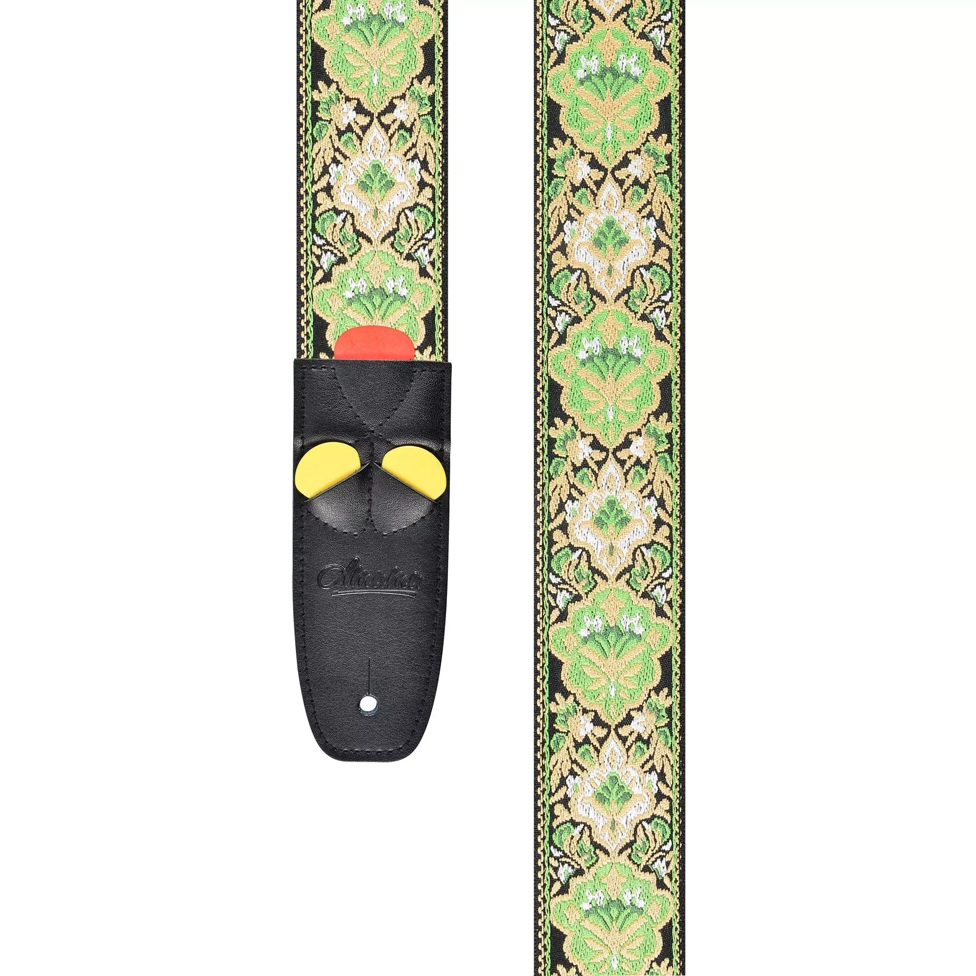 Amumu Green Vintage Jacquard Guitar Strap – Premium Leather Ends, Adjustable 36″ to 63″