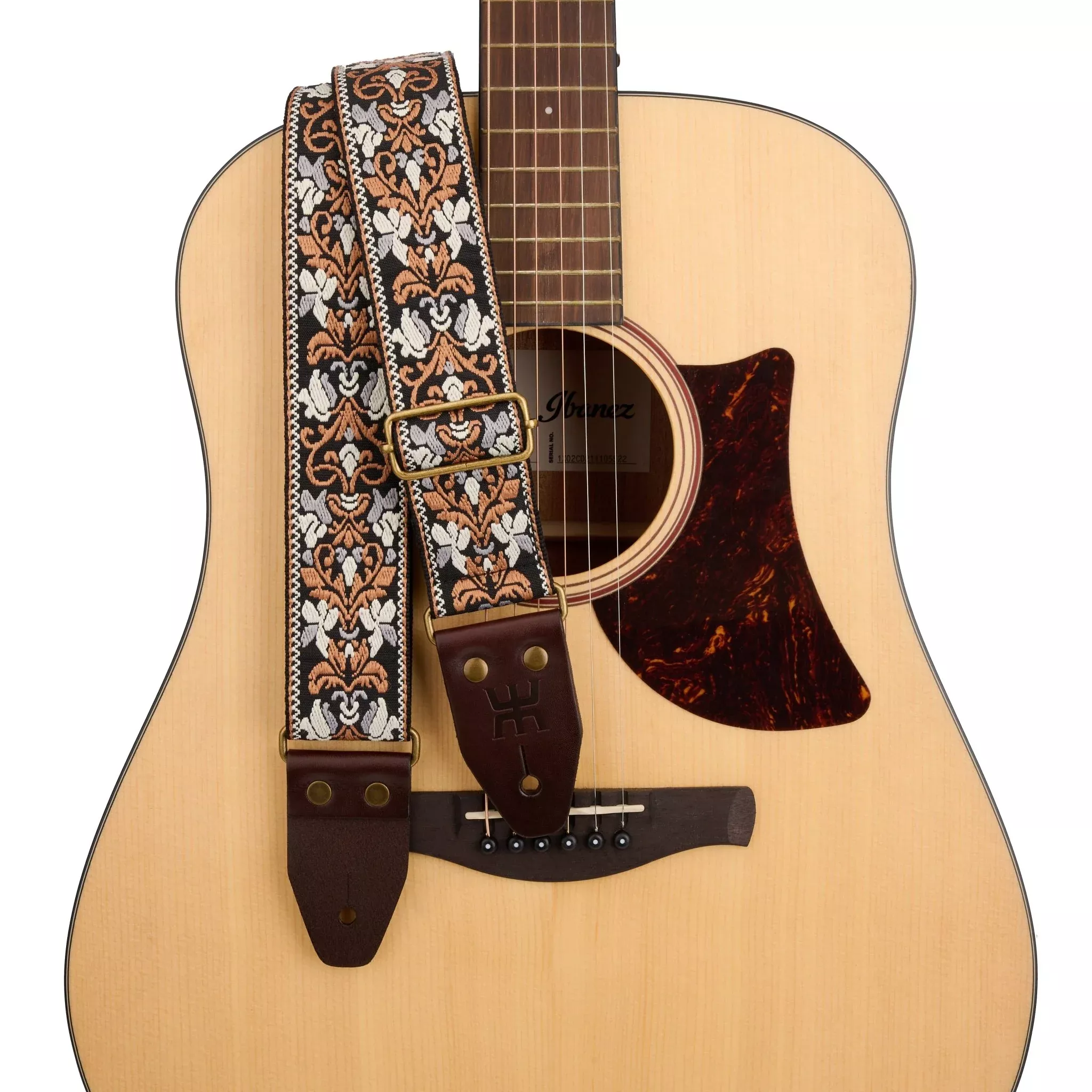 AMUMU SPH-GSB-TGBN 2″ Black Brown Guitar Strap – Retro Embroidery, Soft Cotton, Leather Ends & Pick Pocket