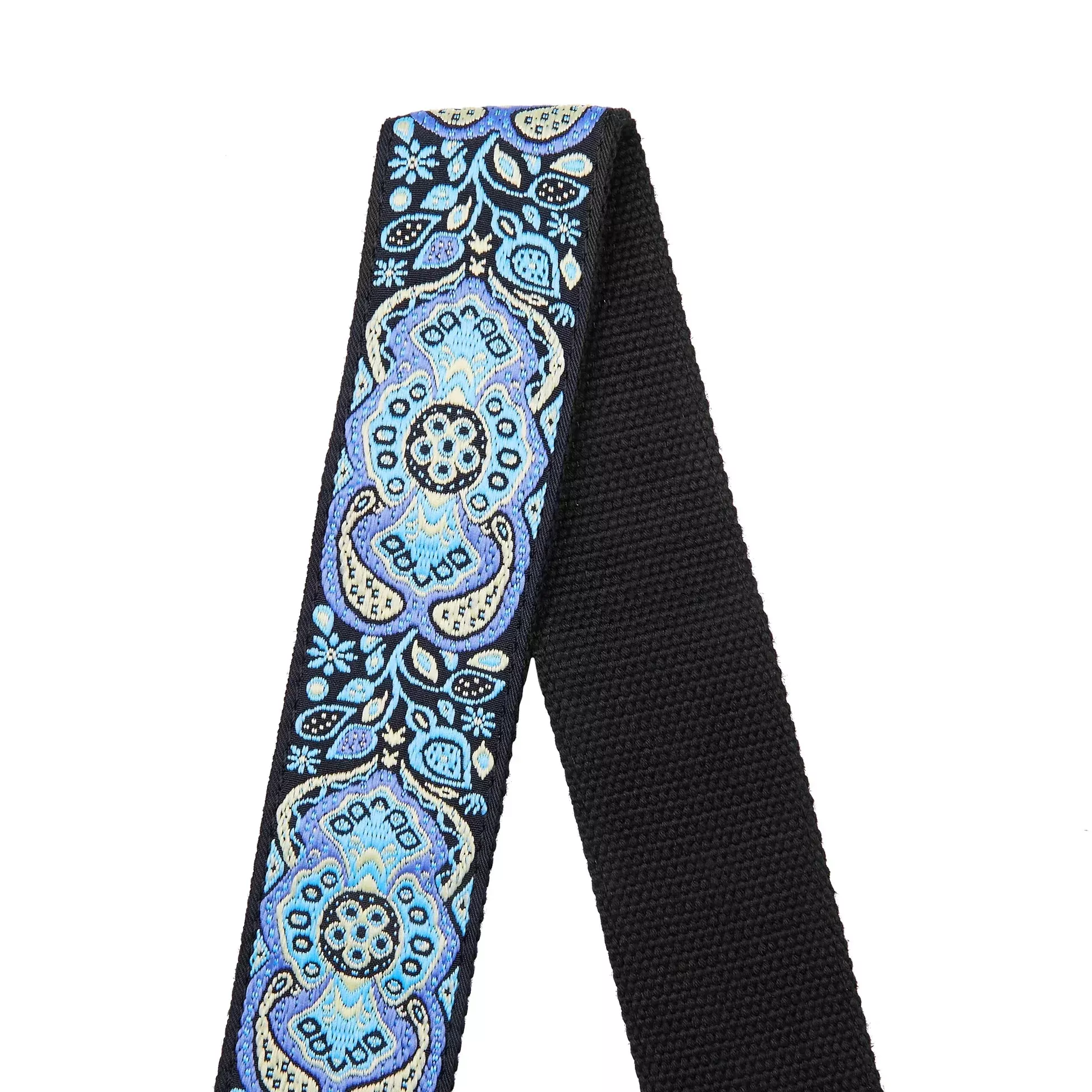 AMUMUGuitar Strap – Hootenanny Embroidered, Blue Woven Pattern with Leather Ends