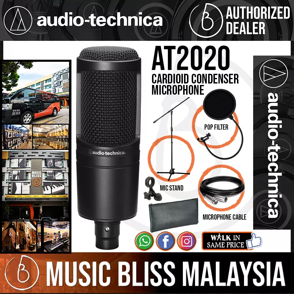 Audio Technica AT2020 Cardioid Condenser Microphone with Mic Stand, Pop Filter and 3m Cable