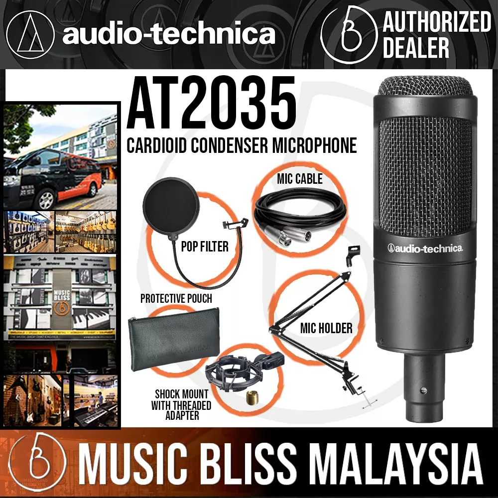 Audio Technica AT2035 Cardioid Condenser Microphone with Pop Filter, Mic Holder and 3m Cable