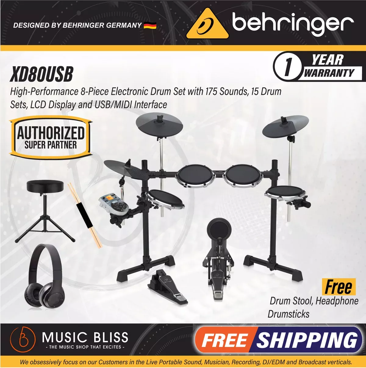 Budget Economic Starter Beginner: Behringer XD-80USB 5-piece Electronic Drum Set with Headphone, Drum Stool, Drumsticks, Best Beginner Home Practice Digital Drum