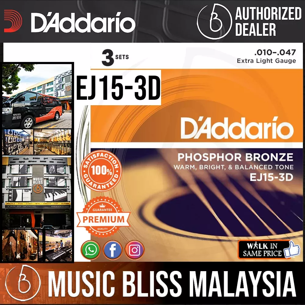 D’Addario EJ15-3D Phosphor Bronze Extra Light Acoustic Strings -.010-.047