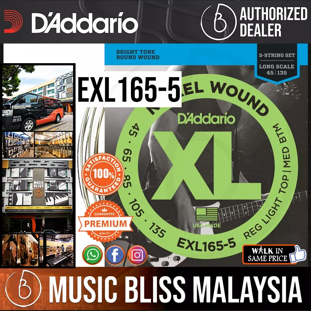 D’Addario EXL165-5 Regular Light Top/ Medium Bottom Nickel Wound 5-string Long Scale Bass – .045-.135