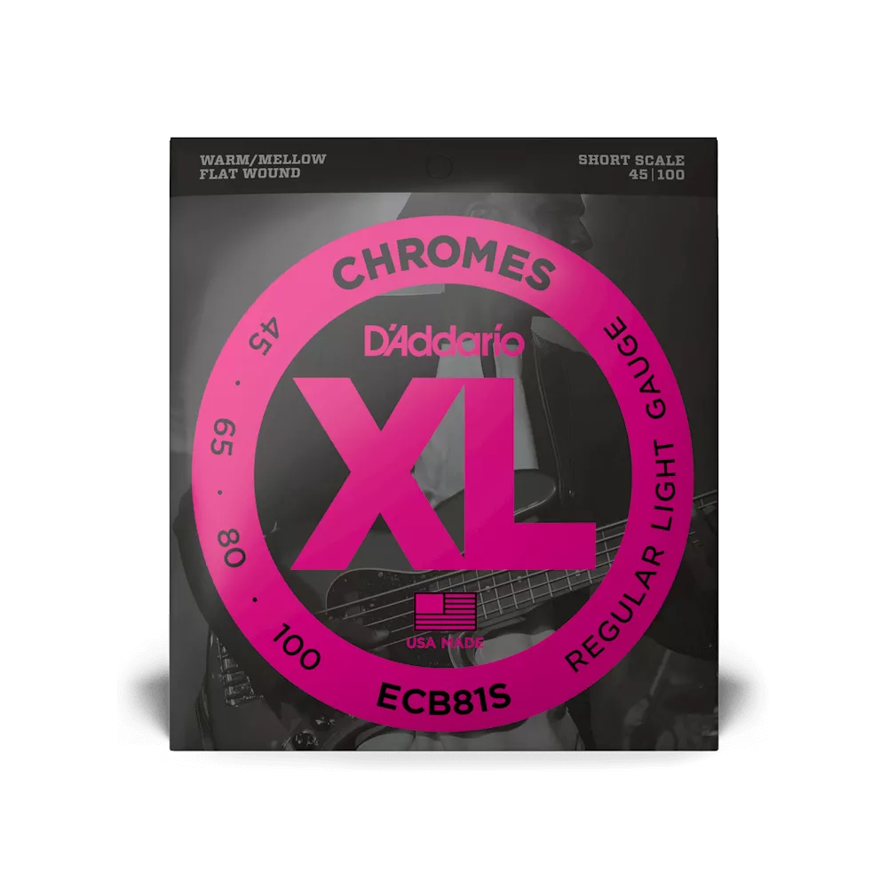 D’Addario XL Chromes Flatwound Bass Guitar Strings -.045-.100 Regular Light, Short Scale