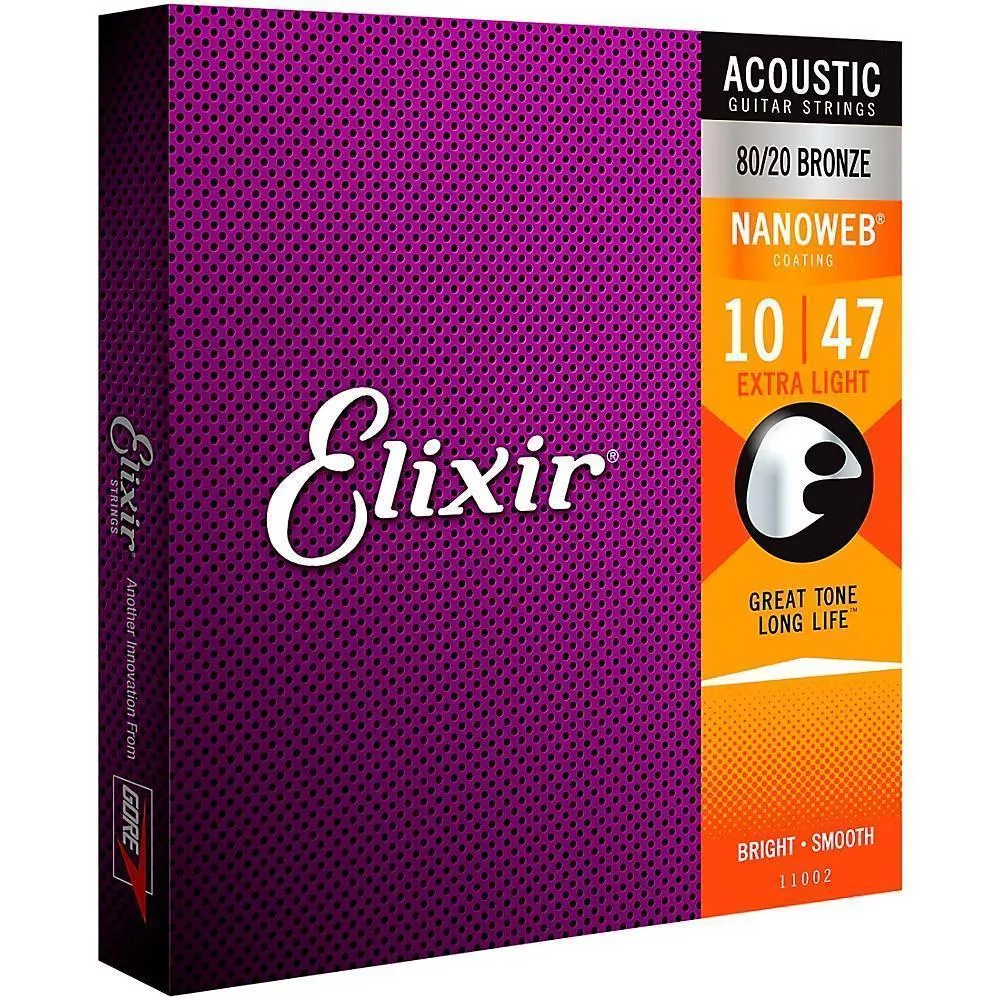 Elixir 11002 Nanoweb 80/20 Acoustic Guitar String Set, Extra Light .010-.047