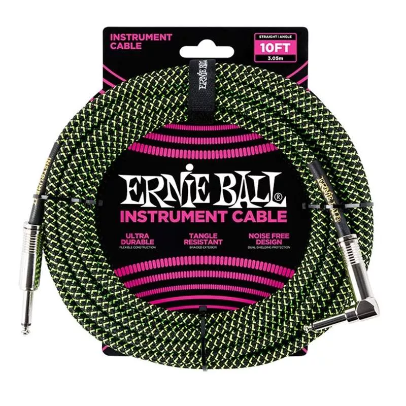 Ernie Ball Braided Instrument Cable – 10ft Black / Green