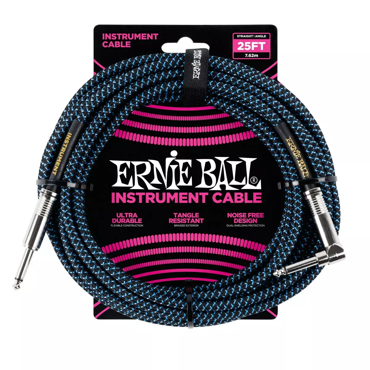 Ernie Ball Braided Instrument Cable, Straight / Straight 25ft, Blue & Black