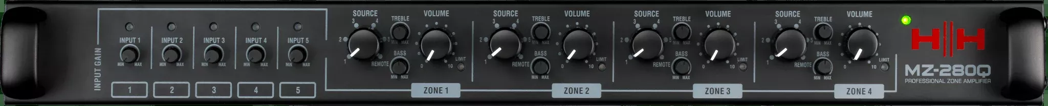 HH MZ-280Q 4-Zone Amplifier – 4x 280W RMS, 70/100V & 4Ω, Rack-Mountable with EQ & Remote Control