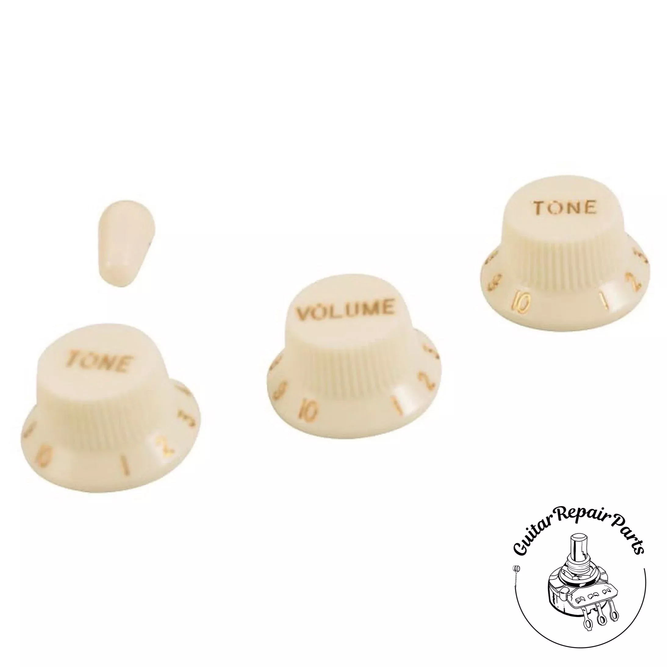 Plastic Strat / UFO Style Knob and Switch Tip Set – Parchment & Gold