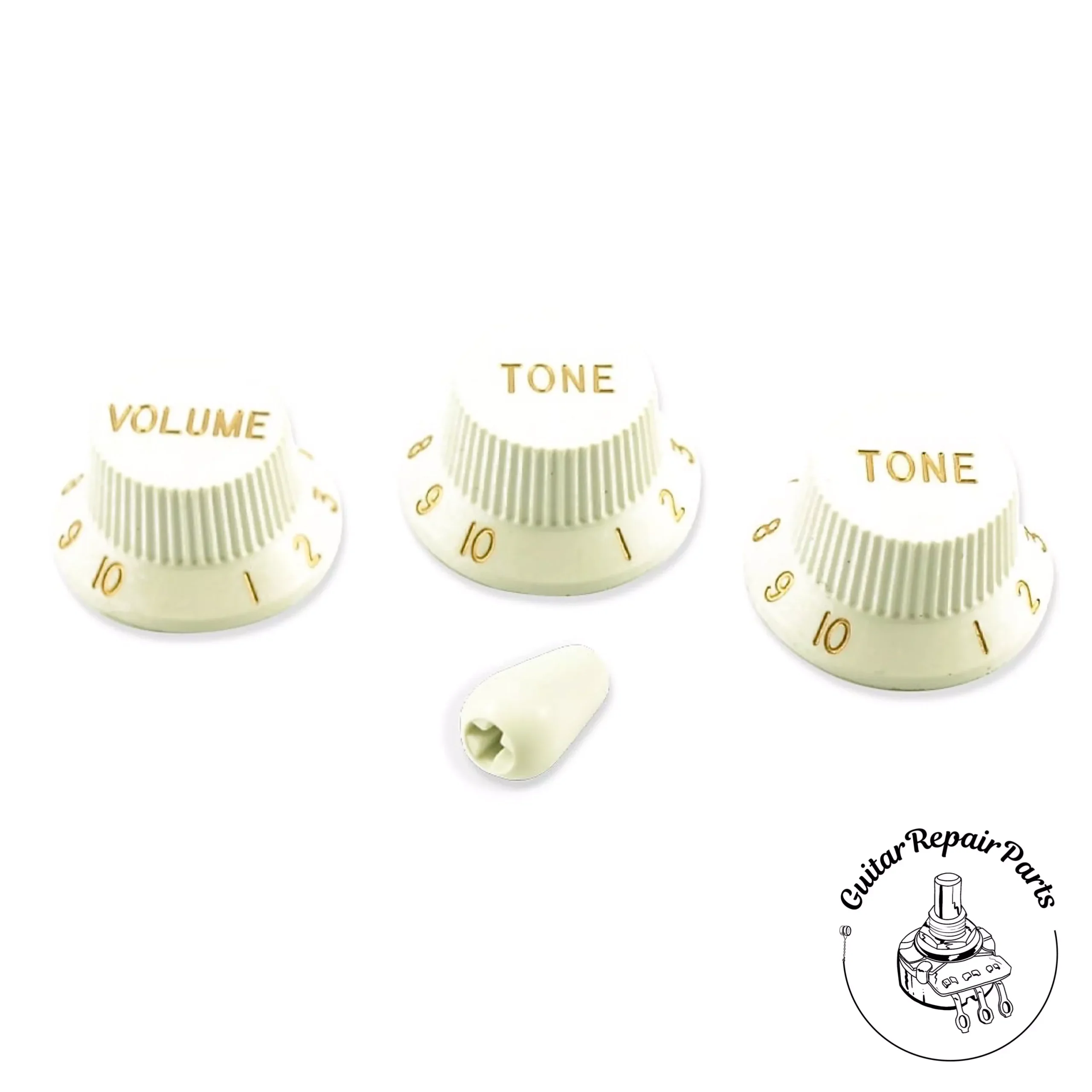 Plastic Strat / UFO Style Knob and Switch Tip Set – White & Gold