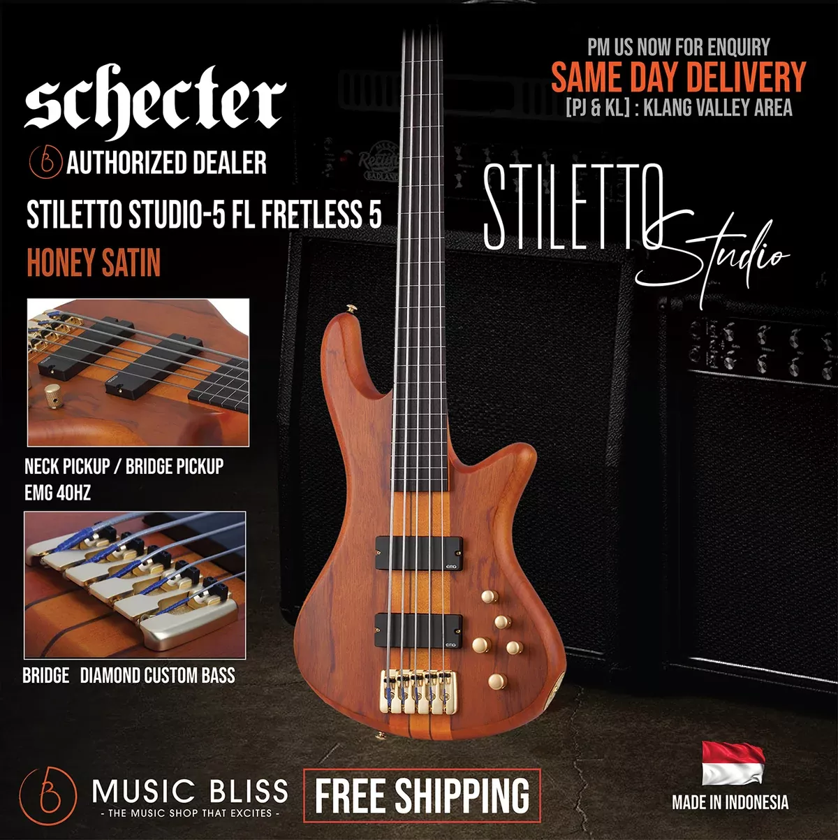 Schecter Stiletto Studio-5 FL Fretless 5-String Bass - Honey Satin [MIK]
