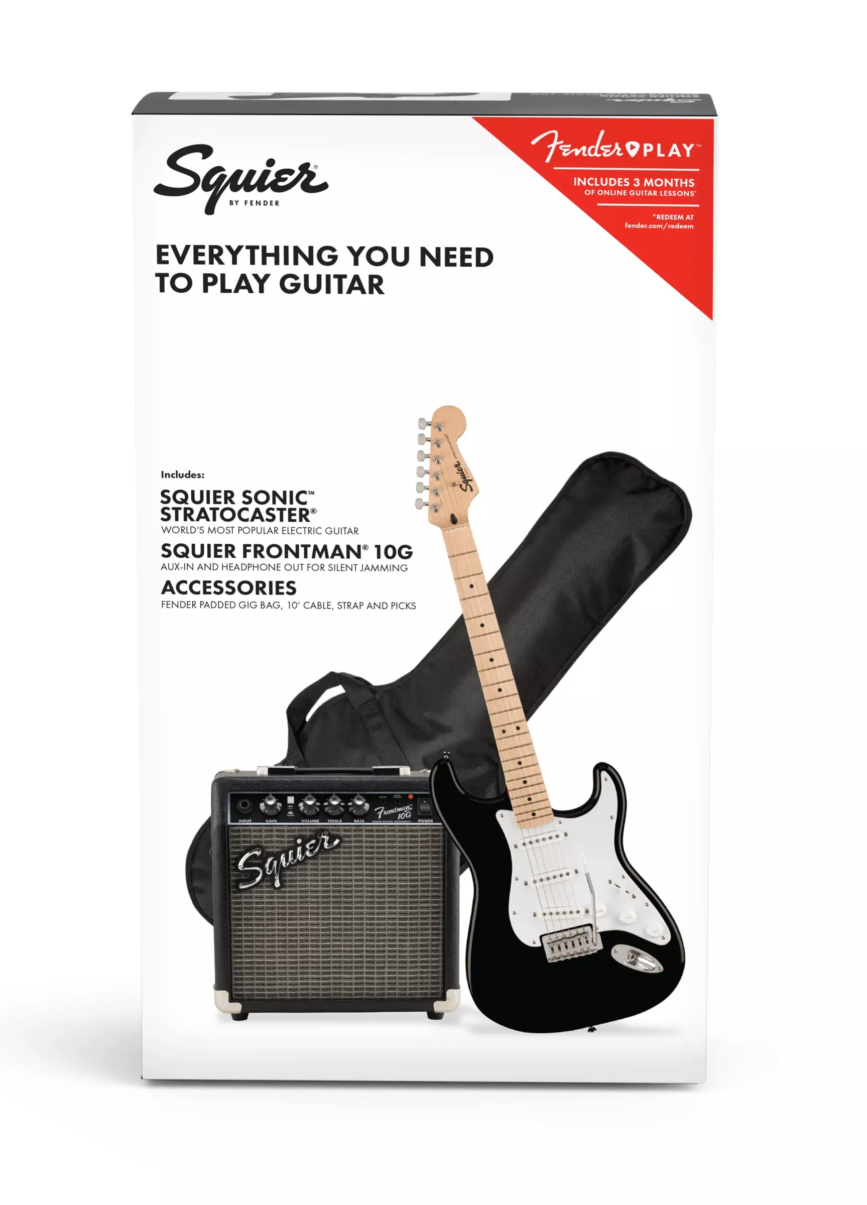 Squier Sonic Stratocaster Pack, Maple Fingerboard, Black, Gig Bag, 10G – 240V AU