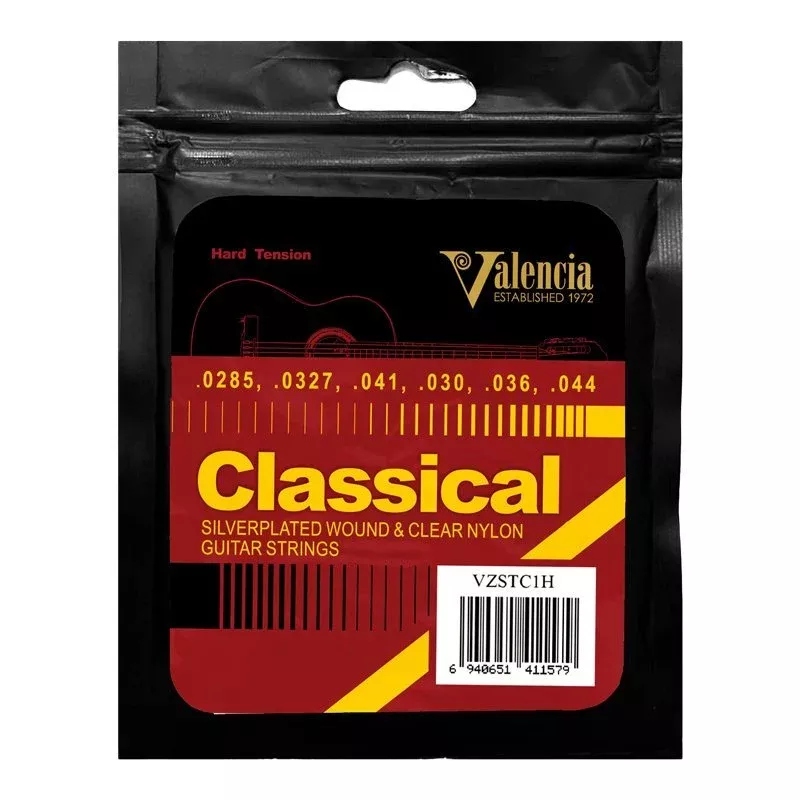 Valencia Classical Guitar String Set – Clear Nylon with Silver Plated Wrap, Hard Tension