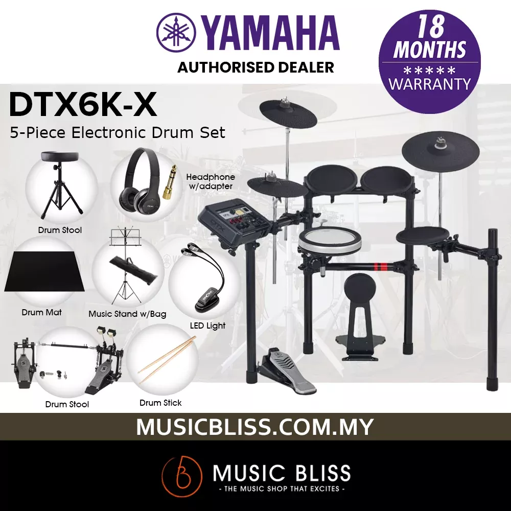 Yamaha DTX6K-X Electronic Drum Set with STAGG PPD-52 Double Pedal and Stool