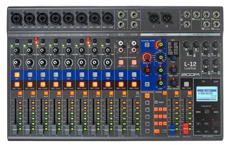 Zoom LiveTrak L-12 Digital Mixer/Recorder (12-In Mixer, 14-Track SD, 5 Custom Monitors) – USB 14×4 Audio Interface
